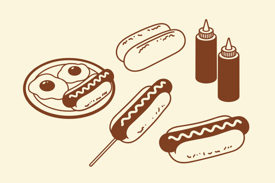 Set of brown line featuring hot dogs, a corn dog on a stick, fried eggs on a plate, and two condiment squeeze bottles on a light beige background