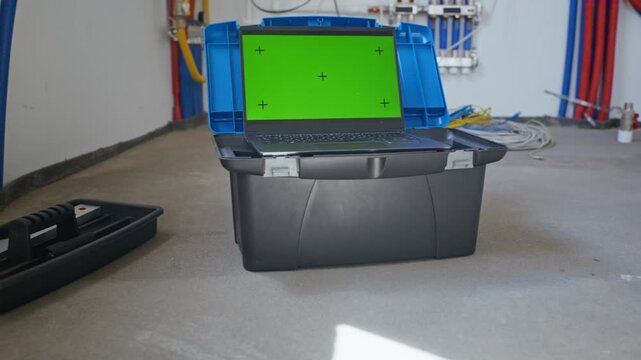 Laptop with green screen sitting on toolbox in boiler room with plumbing pipes in background. Footage is ideal for showcasing smart home software or plumbing diagnostics