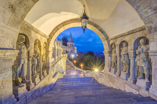 The statues and archways of the Fisherman's Bastion, the late 19th century Neo-Romanesque historical monument on the Buda hill, a UNESCO world heritage site.