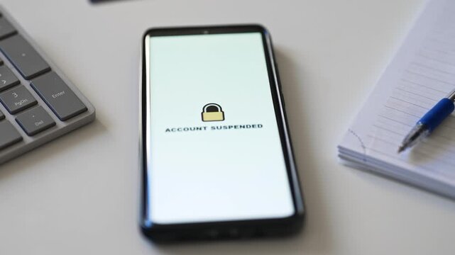 Smartphone screen showing unauthorized transactions and suspended bank account notification.