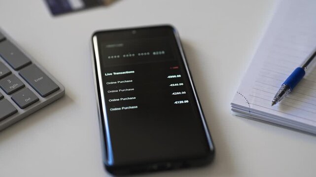 Smartphone screen showing unauthorized transactions and suspended bank account notification.