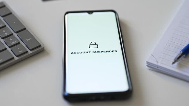 Smartphone screen showing unauthorized transactions and suspended bank account notification.