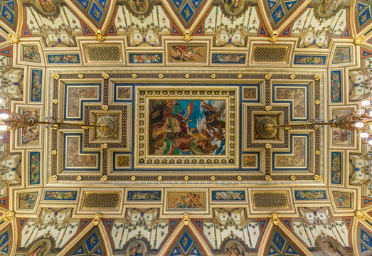 The Lotz Hall, Book Cafe Ceiling, richly decorated ceiling panels in the 19th century building.