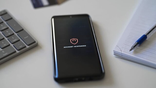 Smartphone screen showing unauthorized transactions and suspended bank account notification.