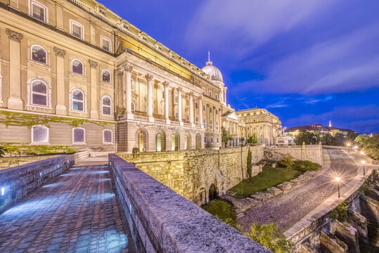The Royal Palace, Buda Castle on Castle Hill, a largely 18th century building, part of the UNESCO world heritage site, at twilight.