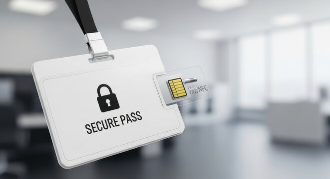 A modern, secure, and advanced digital identification badge made of glossy white plastic, featuring a bold padlock icon and 'SECURE PASS' text, meticulously combined with a transparent NFC chip holder