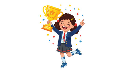 Excited schoolgirl holding a gold trophy cup, celebrating her first place victory in a competition with colorful confetti falling around her