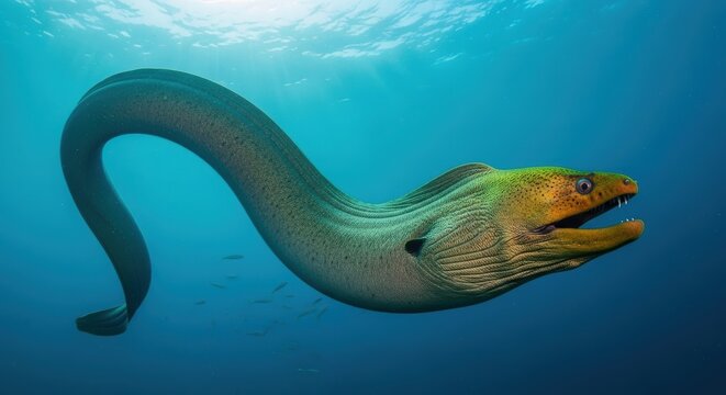 Magnificent green moray eel gracefully gliding in azure depths, aquatic wildlife