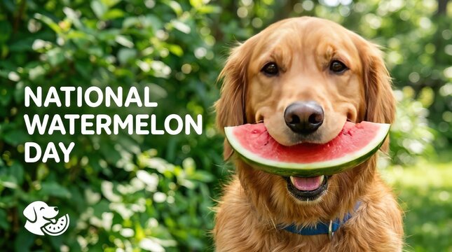 National Watermelon Day banner with golden retriever dog holding watermelon slice in mouth