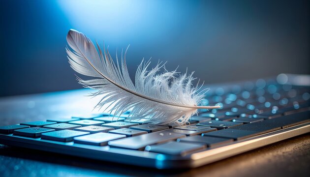 Delicate Feather Resting on a Modern Laptop Keyboard.