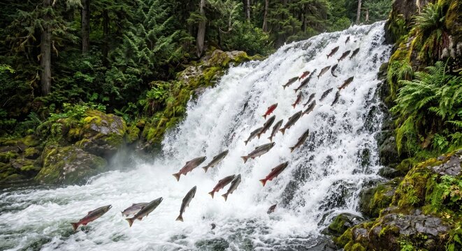 Fantasy waterfall forest with fish jumping - fantasy digital art landscape