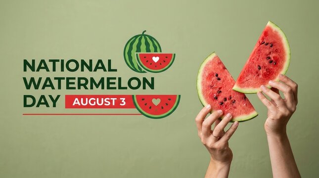 National Watermelon Day August 3 banner with hands holding fresh watermelon slices