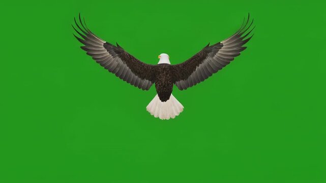 Bald eagle in graceful flight during a cinematic aerial sequence with a green screen background