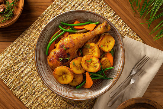 Cameroon Halal Poulet DG Chicken with Plantains and Green Beans