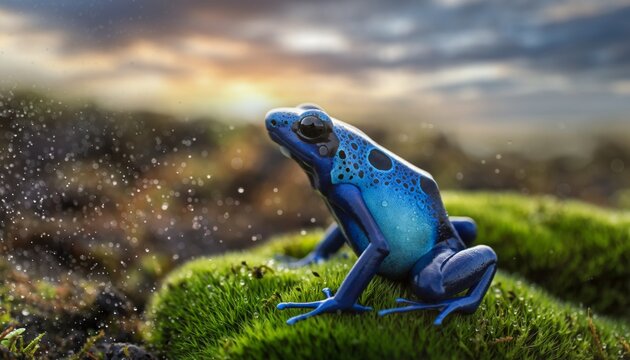 Vibrant Blue Poison Dart Frog on Mossy Terrain in Natural Habitat.