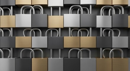 Obraz premium Numerous strong modern interlocking padlocks, featuring metallic and brushed brass-textured bodies, rendered in a clean 3D graphic style and meticulously arranged closely in a seamless, repetitive