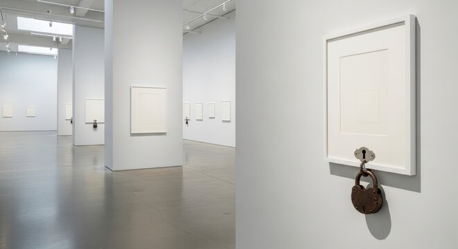 Modern, minimalist, and pristine art gallery interior featuring multiple blank white framed artworks, one prominently displaying an intriguing rusty cast iron padlock suspended from a classic keyhole