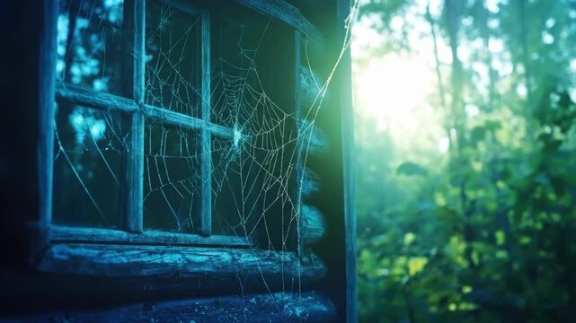 Dew-covered spider web on rustic window in sunlit forest. Halloween, All Hallows Eve, Samhain - Spooky Holiday Season, Fall Festival Celebration