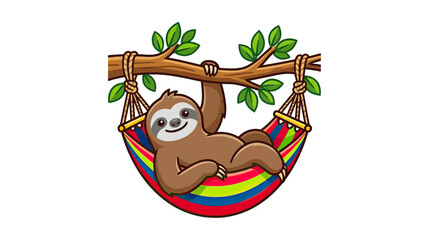 Obraz premium Cute Sloth Relaxing in Colorful Hammock on Tree Branch
