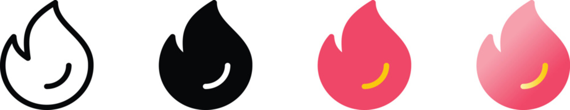 Hot fire flame emoji icon set. Style variations thin line, gradient design. Trending, popular, viral content,  heat, energy, passion. Social media platforms, mobile app interfaces, streak tracking UI 