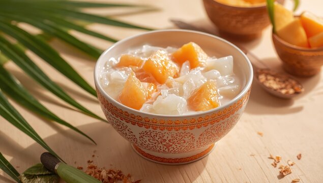 Thai dessert of sago and cantaloupe in coconut milk.