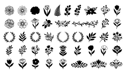 Fototapeta premium Black Silhouette Roses and Leaves Collection Isolated on White Background Vector Illustration