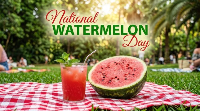 National Watermelon Day banner with red juice glass and halved fruit on picnic blanket