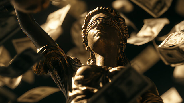 A powerful statue symbolizing justice surrounded by flying money, reflecting the complex relationship between justice and wealth.
