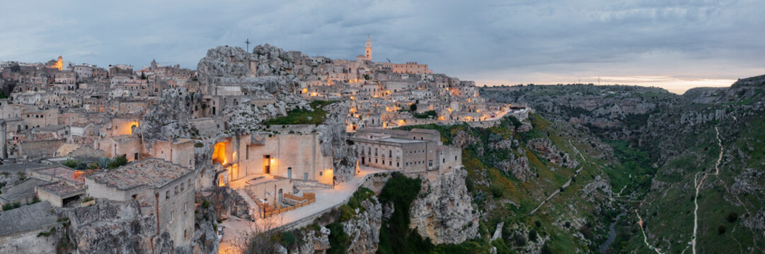 Elevated View of Sasso Caveoso and the Church of Chiesa di San Pietro Caveoso at dawn, Italy