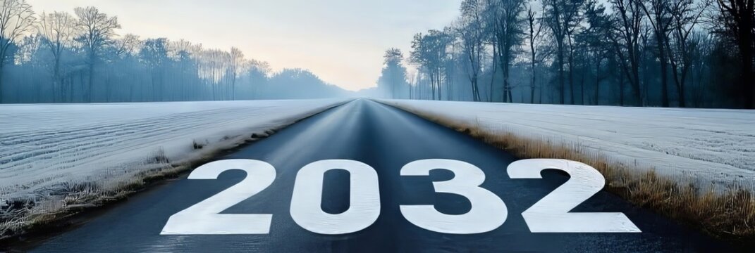 Empty Asphalt Road Stretching Toward The Horizon Featuring The Upcoming Year 2032 Painted In White.