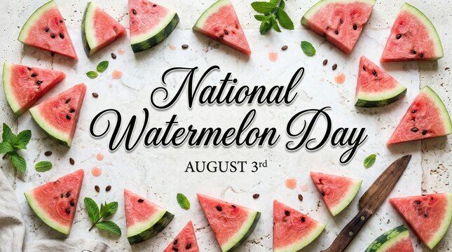 National Watermelon Day August 3rd banner with flat lay watermelon triangular slices
