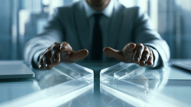 A professional man in a suit focused on decision making at a glass desk in a modern office environment.