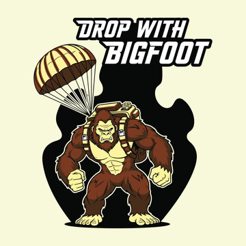 Bigfoot character skydiving with a parachute and drop with bigfoot text