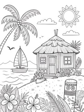 Tropical beach hut with palm tree and sailboat illustration