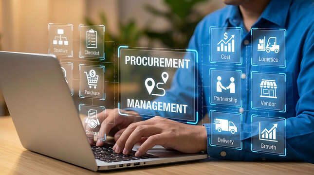 Man typing on laptop with procurement management supply chain process icons