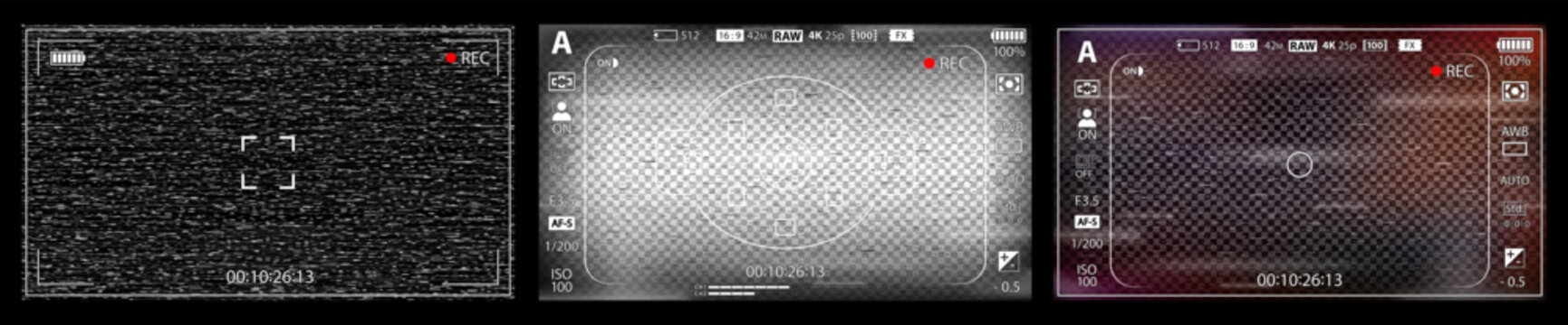 DSLR mirrorless camera rec overlay set. Recorder cam display frame. Video or photo recording screen. CCTV colored vintage glitch effect filter. Viewfinder cam layout template. Vector illustration