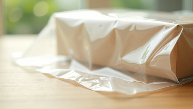 Biodegradable Plastic Wrap on Wood Surface for Text Copy