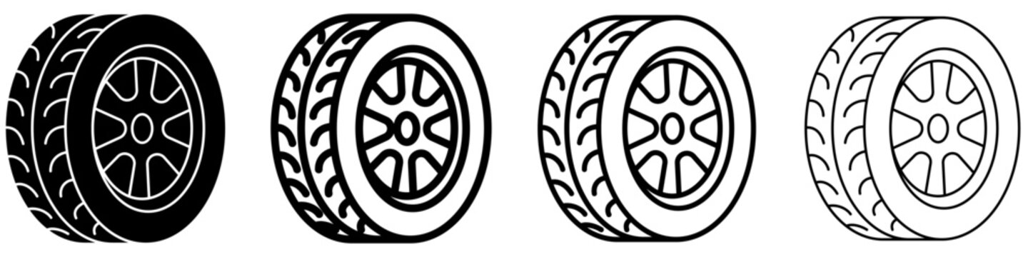 Car tire flat icon set with solid and line variations