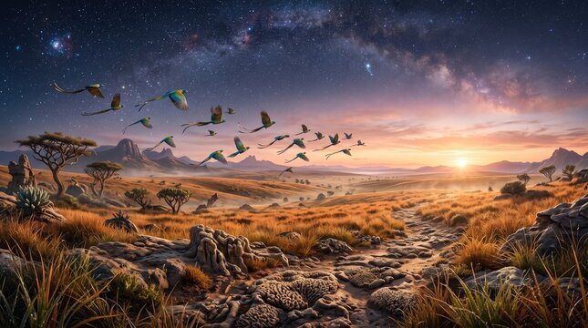 Fantasy savanna landscape night sky birds - fantasy digital art landscape