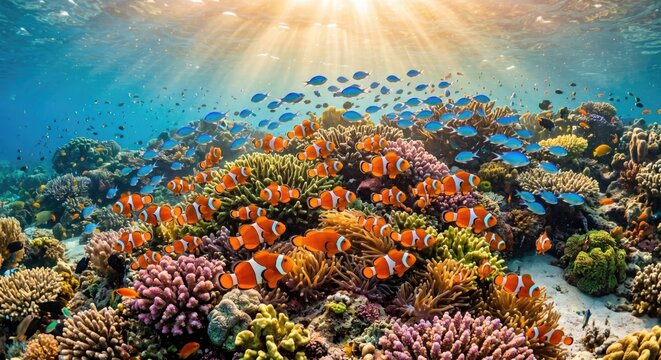 Clownfish swimming in colorful coral reef - underwater marine wildlife photography