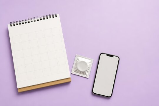 Flat lay monthly planner phone and condom on lavender background