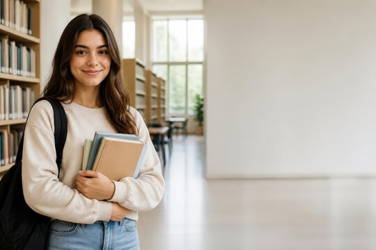 Smiling student holding books in library