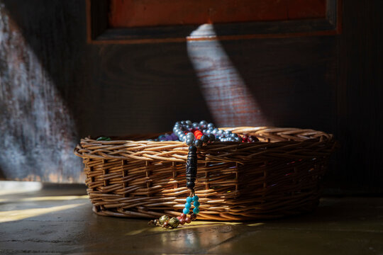 The Painted Mosque, &Scaron;arena Džamija in Travnik, a 19th century mosque. Ottoman architecture, prayer beads in a basket.