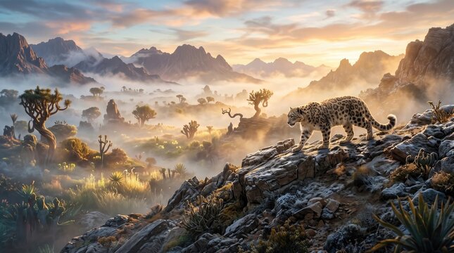 Savanna landscape with leopard silhouette misty - scenic nature landscape photography