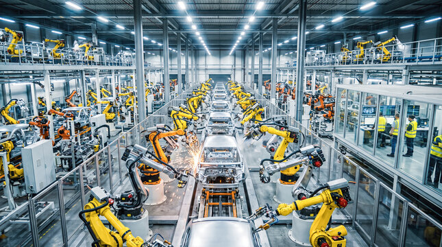 Automated car manufacturing plant industrial robot arms assembling vehicle bodies modern automobile factory massive production line automotive industry high tech facility equipment