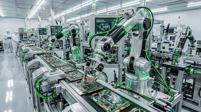 Tech workers cleanroom suits automated robotic arms handling silicon wafers semiconductor manufacturing process factory laboratory equipment electronics fabrication production facility