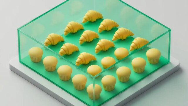 Minimalist 3D Animation Featuring Floating Pastries Inside a Translucent Green Glass Box.