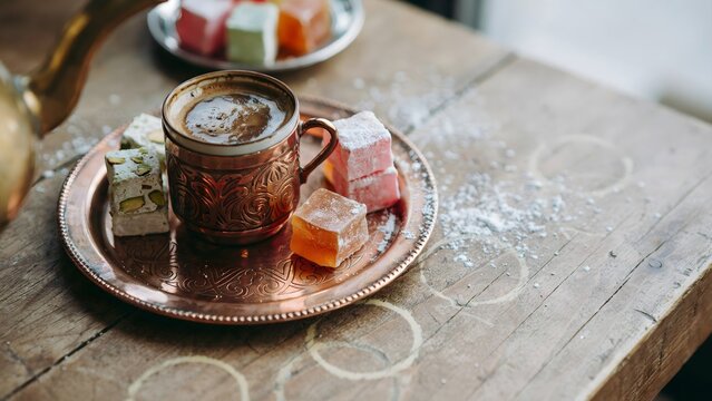 Traditional turkish coffee in an ornate copper cup served with colorful turkish delight on a rustic wooden table with scattered powdered sugar