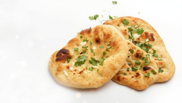 Three new garlic naan on a white backdrop.