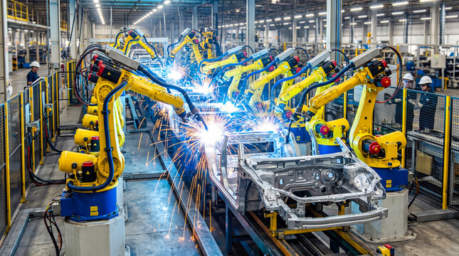 Multiple yellow automated industrial robotic arms welding silver metal car chassis frames along fast moving assembly line inside busy contemporary automotive factory